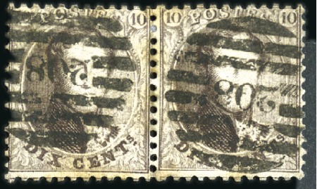 Stamp of Belgium » Belgique. 1863 Médaillons dentelés 12 1/2 : 13 1/2 10c Brun, en paire avec oblitération à 8 barres de