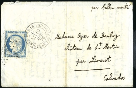 Stamp of France » Guerre de 1870-1871 LE GENERAL RENAULT Enveloppe "par ballon monté" av