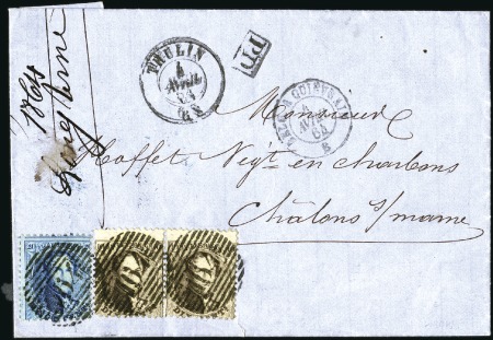 Stamp of Belgium » Belgique. 1863 Médaillons dentelés 12 1/2 : 13 1/2 20c Bleu et deux 10c Brun avec haut de feuille, ob