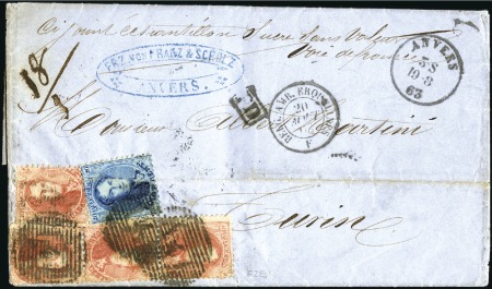 Stamp of Belgium » Belgique. 1863 Médaillons dentelés 12 1/2 40c Carmin-rose, quatre exemplaires et 20c bleu, o