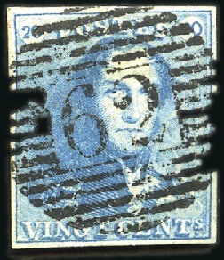 Stamp of Belgium » Belgique. 1849 Epaulettes - Émission 20c Bleu, très bien margé, oblitération de la perc