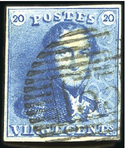 Stamp of Belgium » Belgique. 1849 Epaulettes - Émission 20c Bleu, très bien margé, oblitération de la perc