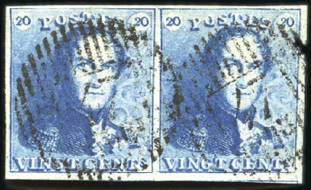 Stamp of Belgium » Belgique. 1849 Epaulettes - Émission 20c Bleu, en paire très bien margée, oblitération 