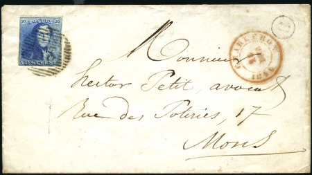 Stamp of Belgium » Belgique. 1849 Epaulettes - Émission 20c Bleu, un peu effleuré, oblitération de la perc