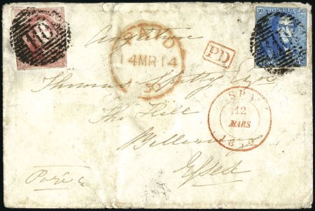 Stamp of Belgium » 1849 Epaulettes - Affranchissements mixtes, composés, etc. 20c Bleu et Médaillons 40c carmin, diversement mar