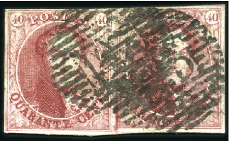 Stamp of Belgium » Belgique. 1849 Médaillons (filigrane encadré) - Émission 40c Carmin, en paire margée, oblitération de la pe