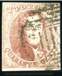 Stamp of Belgium » Belgique. 1851 Médaillons (filigrane sans cadre) - Oblitérations AMBULANT E.III: 40c Carmin, margé, avec oblitérati