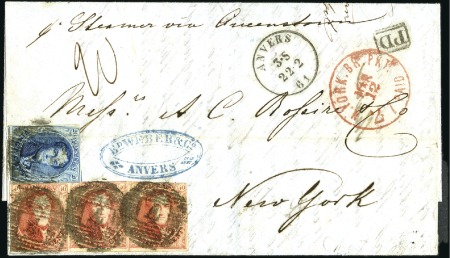 Stamp of Belgium » Belgique. 1858 Médaillons arrondis - Émission 40c Carmin en bande de trois ainsi qu'un 20c bleu,