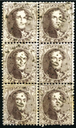 Stamp of Belgium » Belgique. 1863 Médaillons dentelés 12 1/2 : 13 1/2 10c Brun, en bloc vertical de six, oblitération de