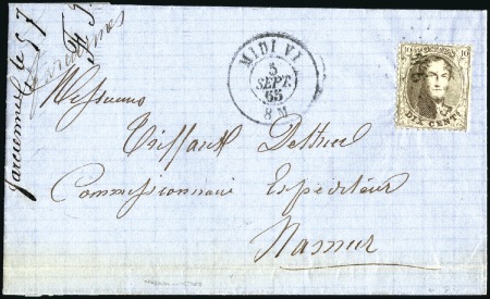 Stamp of Belgium » Belgique. 1863 Médaillons dentelés 12 1/2 10c Brun, oblitération du losange M6 sur lettre av