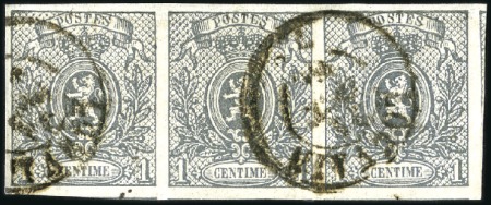 Stamp of Belgium » Belgique. 1866-67 Petit Lion - Émission 1c Gris en bande trois, superbement margée, oblité