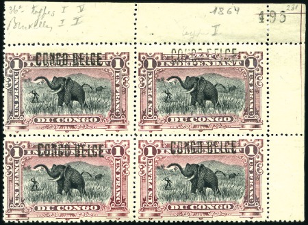 Stamp of Belgian Congo » 1909 Brussels Surcharge 1F carmin, surcharge de type 1, en bloc de quatre 