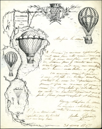 Stamp of France 1867 Belle lithographie avec des Ballons montés su