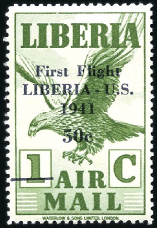 Stamp of Liberia 1941 Liberia-US first flight 50c on 1c surcharge,