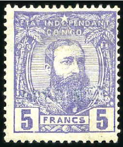 Stamp of Belgian Congo » Congo Belge 1887 Léopold II - Timbres 5F violet surchargé SPECIMEN en bleu, neuf avec go