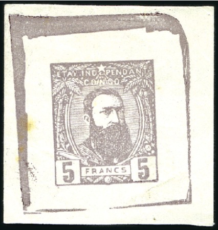 Stamp of Belgian Congo » Congo Belge 1887 Léopold II - Genèse Épreuve du coin du 5 Francs en gris-lilas, sur pap