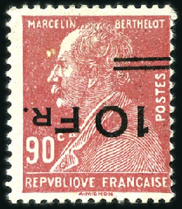 Stamp of France 1928 "Ile de France" 10F on 90c with inverted surc