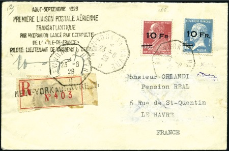 Stamp of France 1928 "Ile de France" set on first transatlantic fl