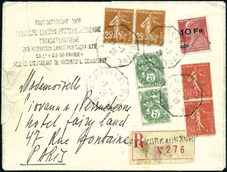 Stamp of France 1928 "Ile de France" 10F on 90c on first transatla