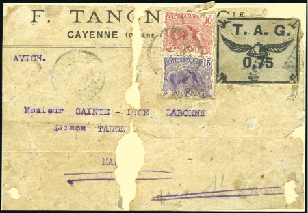 Stamp of Colonies françaises » Guyane française 1921 0,75Fr Winged Helmet on grey paper, "AVION" c