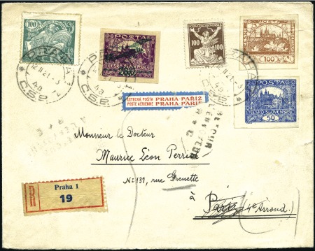 Stamp of Czechoslovakia » Czechoslovakia 1918-1939 1921 Registered cover to Paris franked definitives