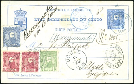 Stamp of Belgian Congo » Congo Belge 1887 Léopold II - Affranchissementso Belge 1887 Léopold II – Affranchissements 5c vert, deux 10c rouge et un 25c bleu sur entier