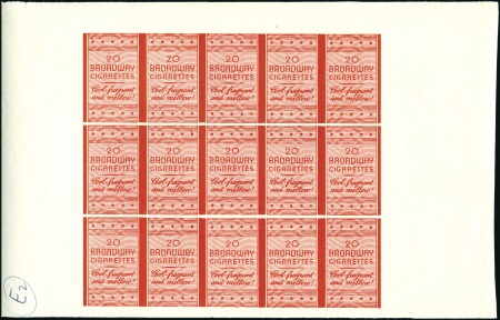 Stamp of Israel » Israel 1948 "Doar Ivri" Broadway Colour Trials Red "Broadway Cigarettes" colour trial sheet of 15