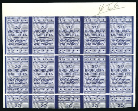 Stamp of Israel » Israel 1948 "Doar Ivri" Broadway Colour Trials Dark Blue "Broadway Cigarettes" colour trial, two