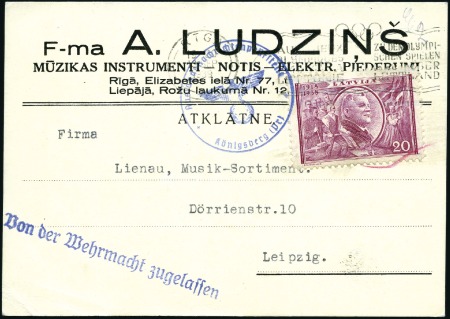 Stamp of Latvia 1940 Riga code A Olympic machine cancel tying 20s 