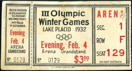 Stamp of Olympics » 1932 Lake Placid Tickets: Arena Grandstand ticket for evening of Fe