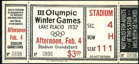 Stamp of Olympics » 1932 Lake Placid Tickets: Stadium Grandstand ticket for afternoon o