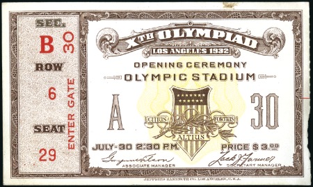 Stamp of Olympics » 1932 Los Angeles Tickets: Selection of six unused & used tickets fr