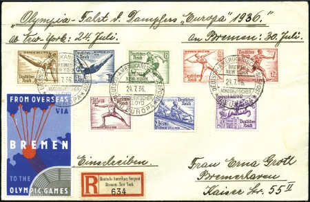 Stamp of Germany » German Empire » German Empire, 1933/45 Third Reich 1936 Olympic set tied by Deutsch-Amerikanische See