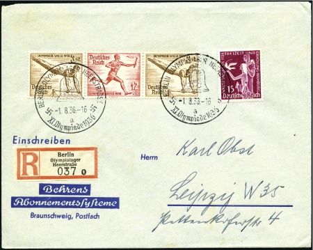 Stamp of Olympics 1936 Berlin. REGISTERED LABELS: Group of 8 covers 