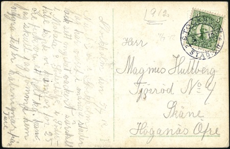 Stamp of Sweden 1912 (Jul 5) Postcard franked with 5ö tied by "STO
