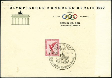 Stamp of Olympics » 1930 Berlin Congress 1930 Berlin Congress postcard with 10pf airmail ti