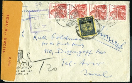 Stamp of Israel » Israel 1948 "Doar Ivri" Postage Dues Basic Issue 1949 Airmail cover from SWITZERLAND, 80c total fra