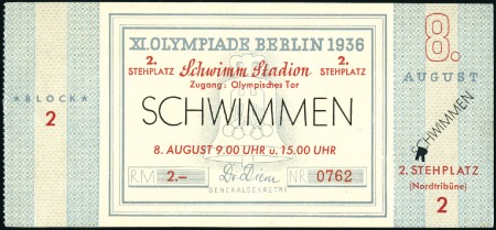 Stamp of Germany » German Empire » German Empire, 1933/45 Third Reich Tickets: Selection of five Official Swimming ticke