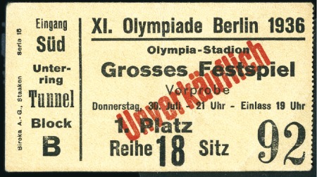 Stamp of Olympics » 1936 Berlin » Documents, Programmes, Tickets, etc. Tickets: "Grosses Festspiel" small format, in the 