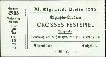 Stamp of Olympics Tickets: "Grosses Festspiel", "Musik und Tanz der 