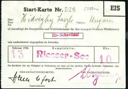 Stamp of Germany » German Empire » German Empire, 1933/45 Third Reich Tickets: Organising Committee pass to the ice ring