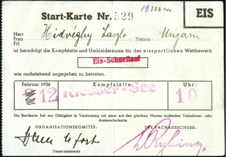Stamp of Germany » German Empire » German Empire, 1933/45 Third Reich Tickets: Organising Committee pass to the ice ring