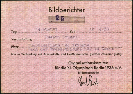 Stamp of Olympics » 1936 Berlin » Documents, Programmes, Tickets, etc. Press ID card for the Men's Rowing Single Sculls i