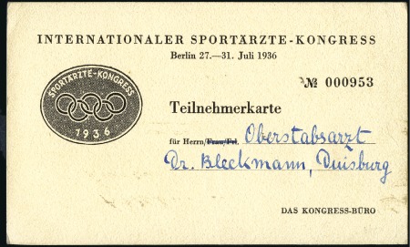 Stamp of Olympics » 1936 Berlin » Documents, Programmes, Tickets, etc. International Sports Physicians Congress in Berlin
