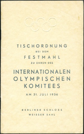Stamp of Germany » German Empire » German Empire, 1933/45 Third Reich Olympic dinner menu for a meal hosted by the Organ