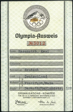 Stamp of Olympics » 1936 Garmisch-Partenkirchen Identity Card: Official identity card for a German