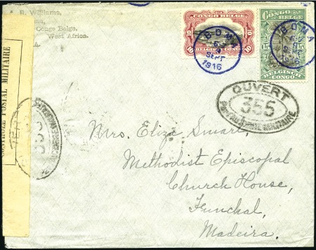 Stamp of Belgian Congo » Belgian Congo WWI 1914-1918 1916 Enveloppe Boma pour Madère avec un 10c et un 