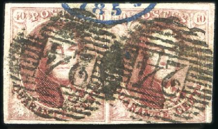 Stamp of Belgium » Belgique. 1851 Médaillons (filigrane sans cadre) - Émission 40c Rouge-carmin, papier épais, en paire, oblitéra