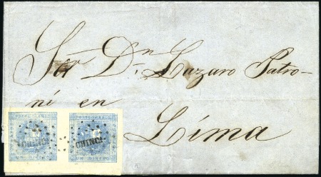 Stamp of Peru » 1858 (March) First Issue Pair of 1d with sheet margin at foot (others large