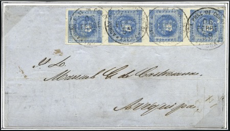 Stamp of Peru » 1858 (March) First Issue 1d Blue, vert. strip of four spanning the right si